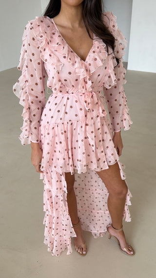 OPHELIA Chiffon Ruffle Maxi Dress In Blush Polka Dot
