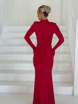 MIRELLE High Neck Ruched Detail Maxi Dress In Christmas Red