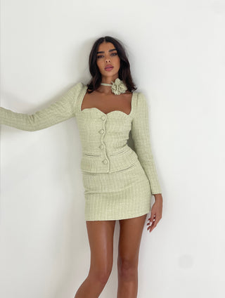 Caramella PETRA Button Up Puff Sleeved Tailored Top With Corsage Neck Tie In Pistachio