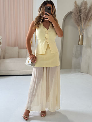 MARGOT Knit Button Waistcoat & Sheer Maxi Skirt Co-Ord In Lemon