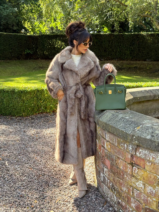 FALLON Longline Faux Fur Coat with Belt in Mink