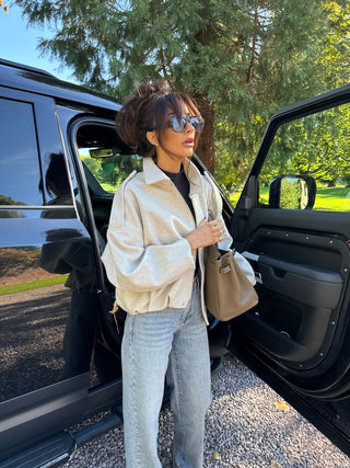 BONNIE Wool Look Long Sleeved Zip Up Bomber Jacket In Oat