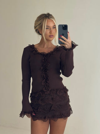 MADISON Knitted Frill Lace Jumper & Frill Skirt In Chocolate