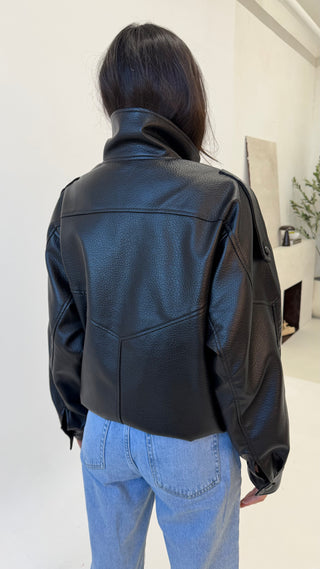 PRE ORDER IMANI Oversized PU Leather Funnel Neck Jacket In Black
