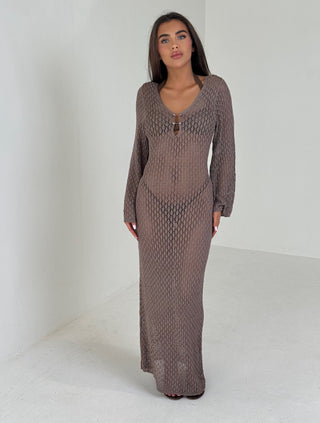 SOLSTICE Long Sleeved Crochet Beach Maxi Dress In Mocha