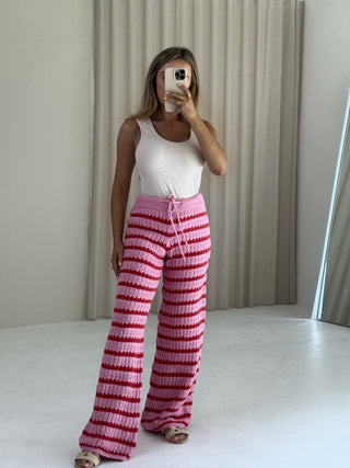 CERYS High Waisted Crochet Knitted Striped Trousers In Pink