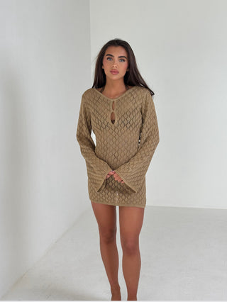 SIENNA Long Sleeved Crochet Beach Mini Dress In Camel