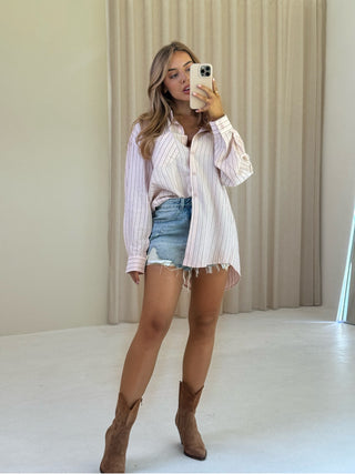 SELENE Striped Oversized Button Up Shirt In Soft Pink