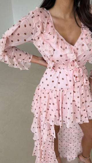 OPHELIA Chiffon Ruffle Maxi Dress In Blush Polka Dot