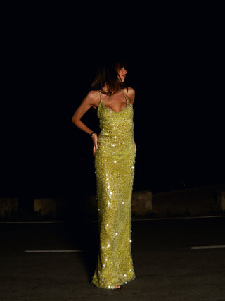 Caramella Sequin Backless Maxi Dress in Lime Green