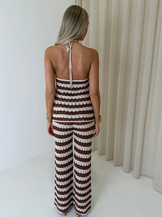 ROMY Crochet Knitted Halter Neck Top & Trousers Co-Ord In Rust Stripe