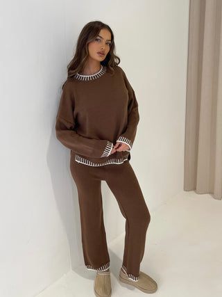 WILLOW Knitted Contrast Jumper And Trouser Set In Brown