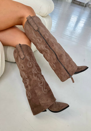 DALLAS Knee High Cowboy Zip Detail Heeled Boots In Chestnut