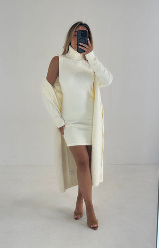 Caramella ALBA Fluffy Knit High Neck Dress and Cardigan Co Ord In Vanilla