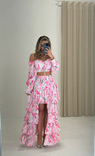 CANNES Ruffle Floral Print Co-ord in Pink