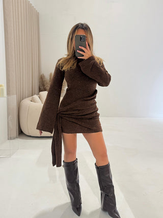 CINDY Knitted Drape Detail Mini Dress in Walnut Multi