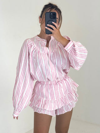 GEORGIE Long Sleeved Stripe Linen Skort Co-Ord In Pink