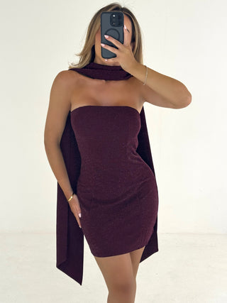 Caramella NATALIA Glitter Lurex Bandeau Dress with Scarf in Grape