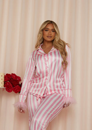 Caramella SWEETDREAMS Satin Stripe Feather Cuff Long Pyjama Set In Pink + White