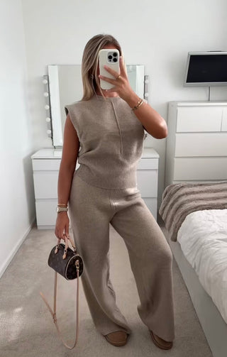 PRE ORDER SHIPS 17.10 EVIE Knitted Sleeveless Top & High Waisted Wide Leg Lounge Set In Biscuit