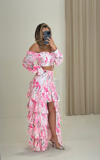 CANNES Ruffle Floral Print Co-ord in Pink