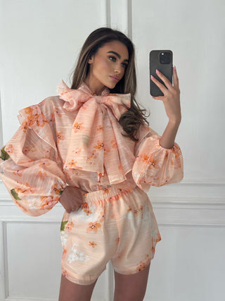 ROSALIA Long Sleeved Floral Bow Blouse & Short Co-Ord In Clementine