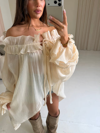ARIA Oversized Chiffon Bardot Blouse In Soft Cream