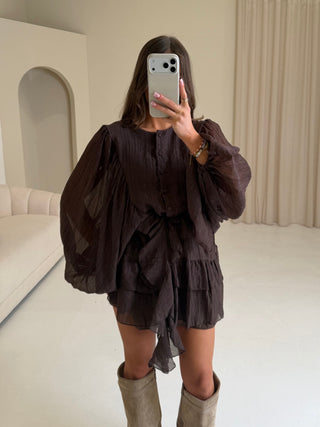 LUCIA Balloon Sleeve Ruffle Button Up Mini Dress In Chocolate Brown