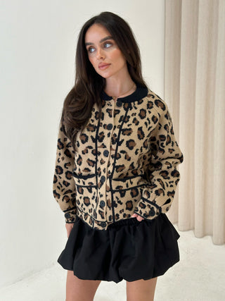 AUBREE Knitted Bomber Cardigan in Leopard