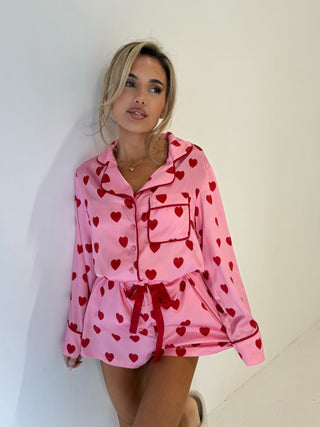 Caramella LOVEBUG Satin Long Sleeve Shirt + Short Pyjama Set In Pink