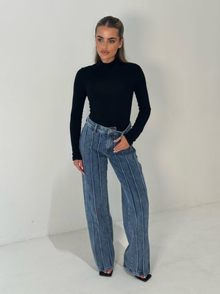 BROOKE High Waisted Pleat Detail Jeans in Mid Wash Blue