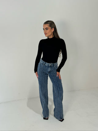 BROOKE High Waisted Pleat Detail Jeans in Mid Wash Blue