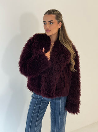 EMBER Faux Mongolian Fur Coat in Burgundy