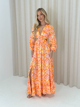 ELODIE Printed Long Sleeve Cut Out Detail Maxi Dress in Orange