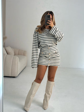 CASSIE Stripe Long Sleeve Top & Skirt Co-ord In Cream