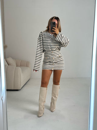 CASSIE Stripe Long Sleeve Top & Skirt Co-ord In Cream