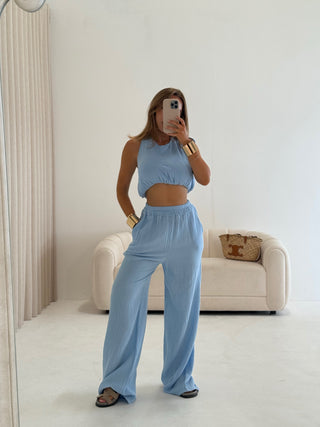 MARA Cheesecloth Halterneck Tie Top & Wide Leg Trouser Set In Powder Blue