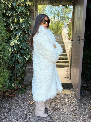 ASPEN Long Faux Mongolian Collared Coat In Frost