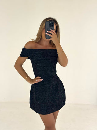 Caramella CONSTANCE Glitter Boucle Bardot Mini Dress in Black