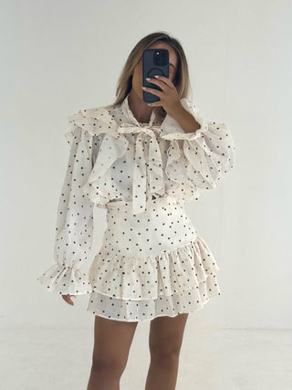 LIBBIE Heart Print Long Sleeved Ruffle Shirt & Skirt Co-Ord In Beige