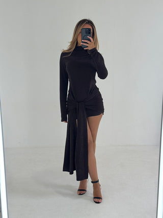 Caramella ROBYN Glitter Lurex High Neck Dress With Wrap Skirt in Chocolate