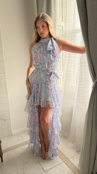 SERAPHINA Chiffon Tiered Ruffle Maxi Dress In Lavender Blue