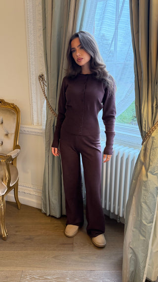 EVERLY Knitted Button Cardigan & Flared Trouser Lounge Set In Espresso