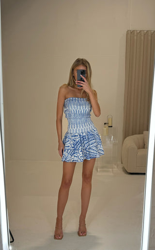 PRE-ORDER SHIPS 30/04 ARIELLE Broderie Anglaise Printed Layered Ruffle Mini Dress In Ink Blue