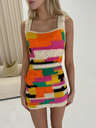 LIANA Crochet Patchwork Print Mini Dress In Multi