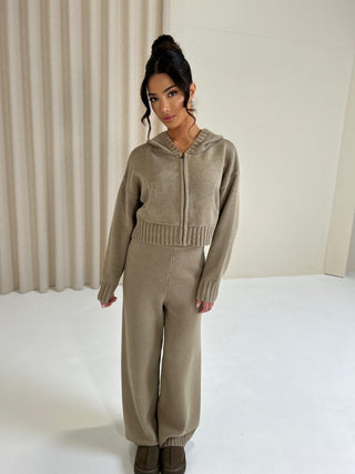 Caramella MAEVE Knit Zip Up Hoodie & Wide Leg Trouser Tracksuit Lounge Set In Olive