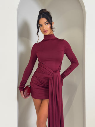 EDEN High Neck Long Sleeved Drape Mini Dress In Burgundy