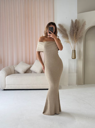 ARIA Bardot Knit Ribbed Maxi Dress In Oatmeal