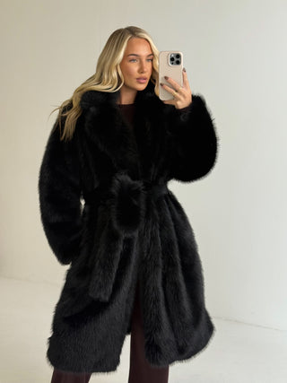 TEDDY Faux Fur Long Sleeved Tie Belt Coat In Black