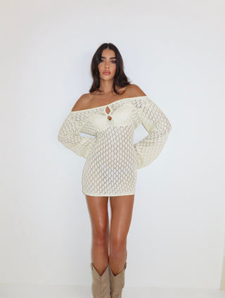 SIENNA Long Sleeved Crochet Beach Mini Dress In Beige
